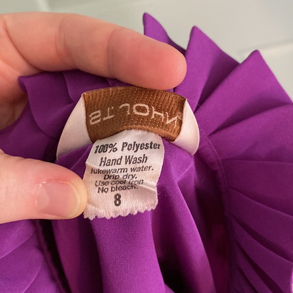 ST. JOHN royal purple high neck blouse with covered buttons & ruffle detail - Picture 7 of 12